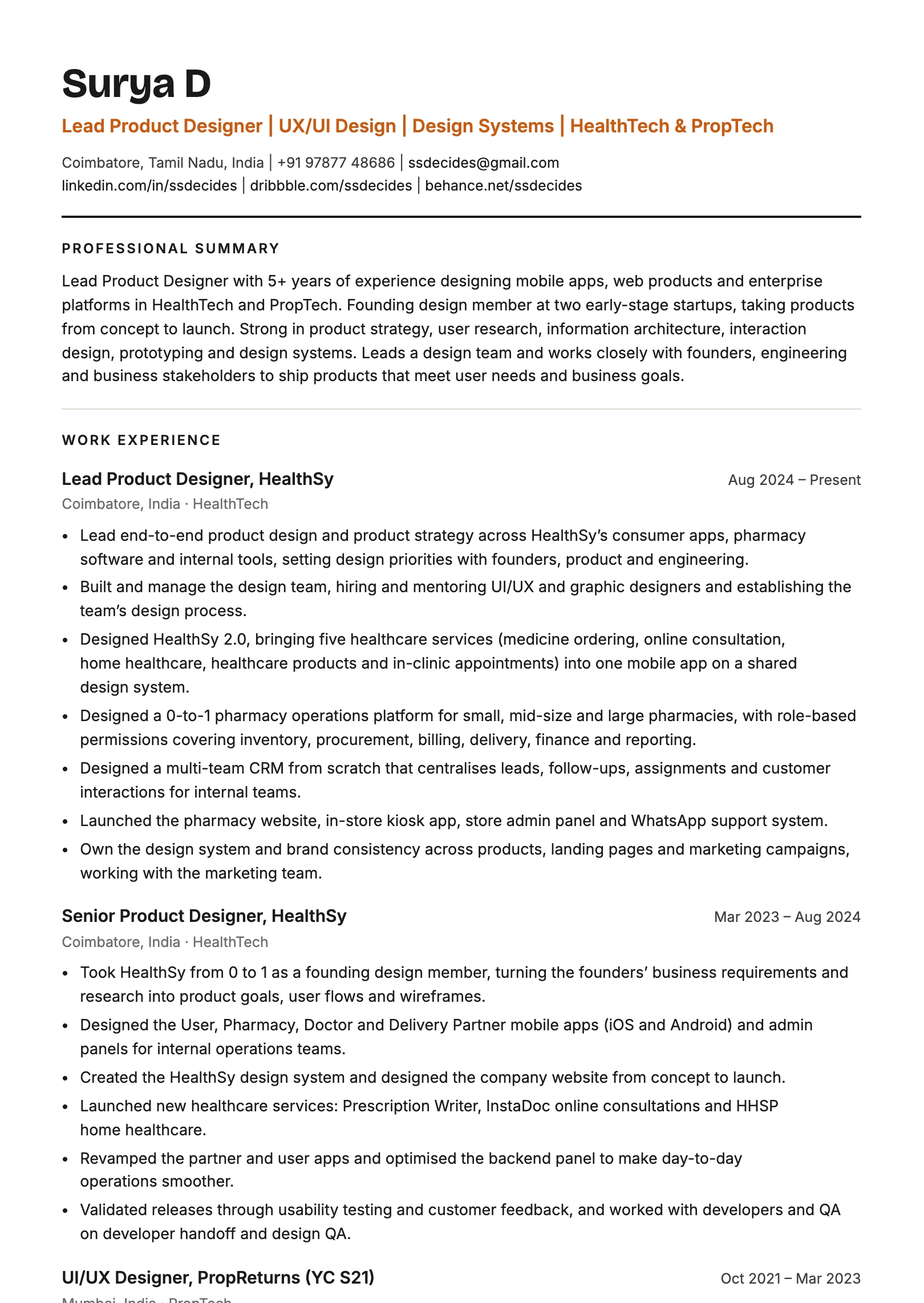 Surya D resume preview